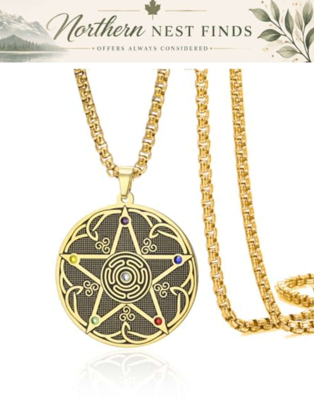 Hecate Pentagram Necklace Stainless Steel Celtic Pendant 7 Chakra Wiccan Jewelry